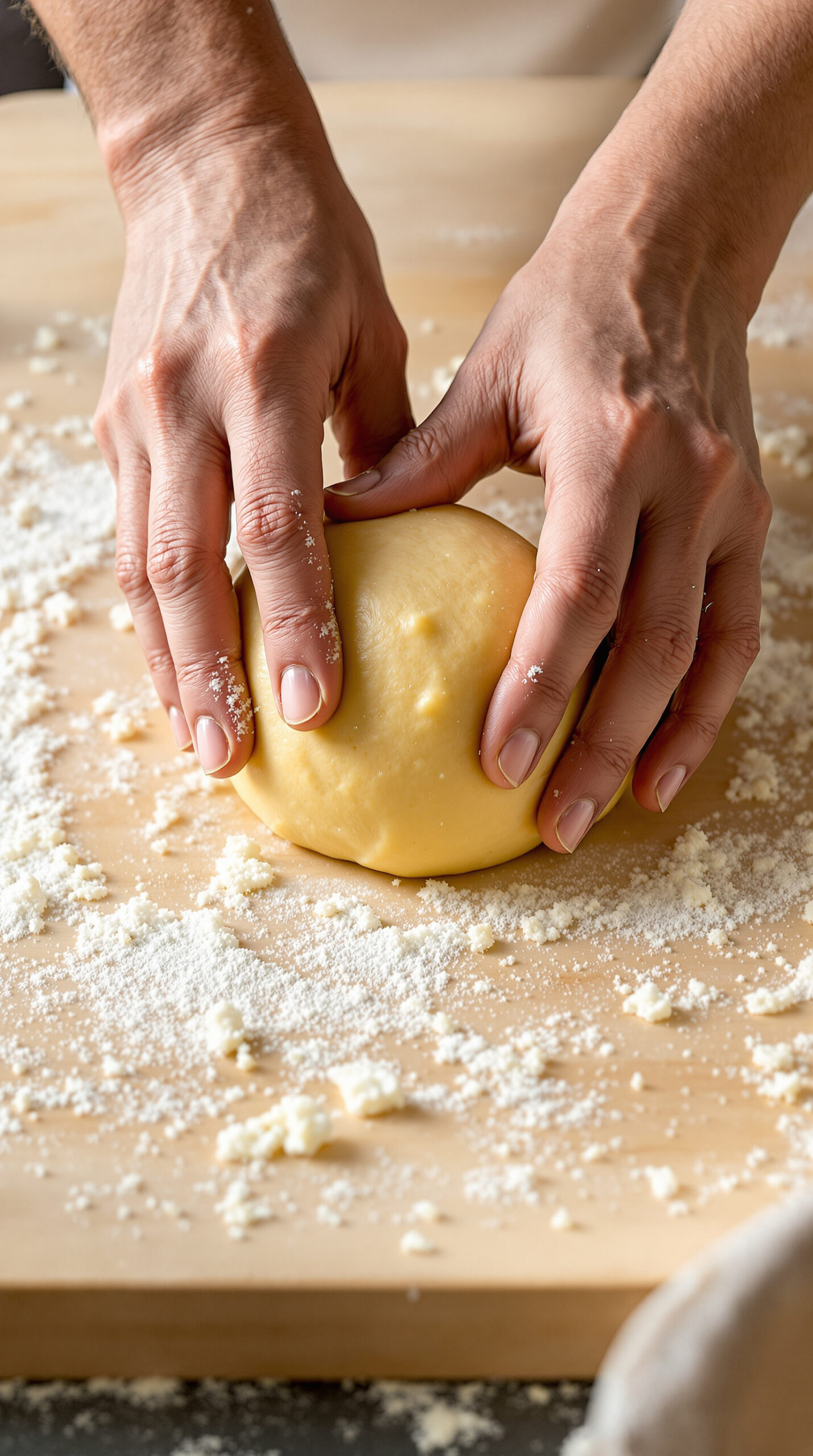 Mains refermant une boule de pâte de pommes de terre râpées autour d'une farce de viande
