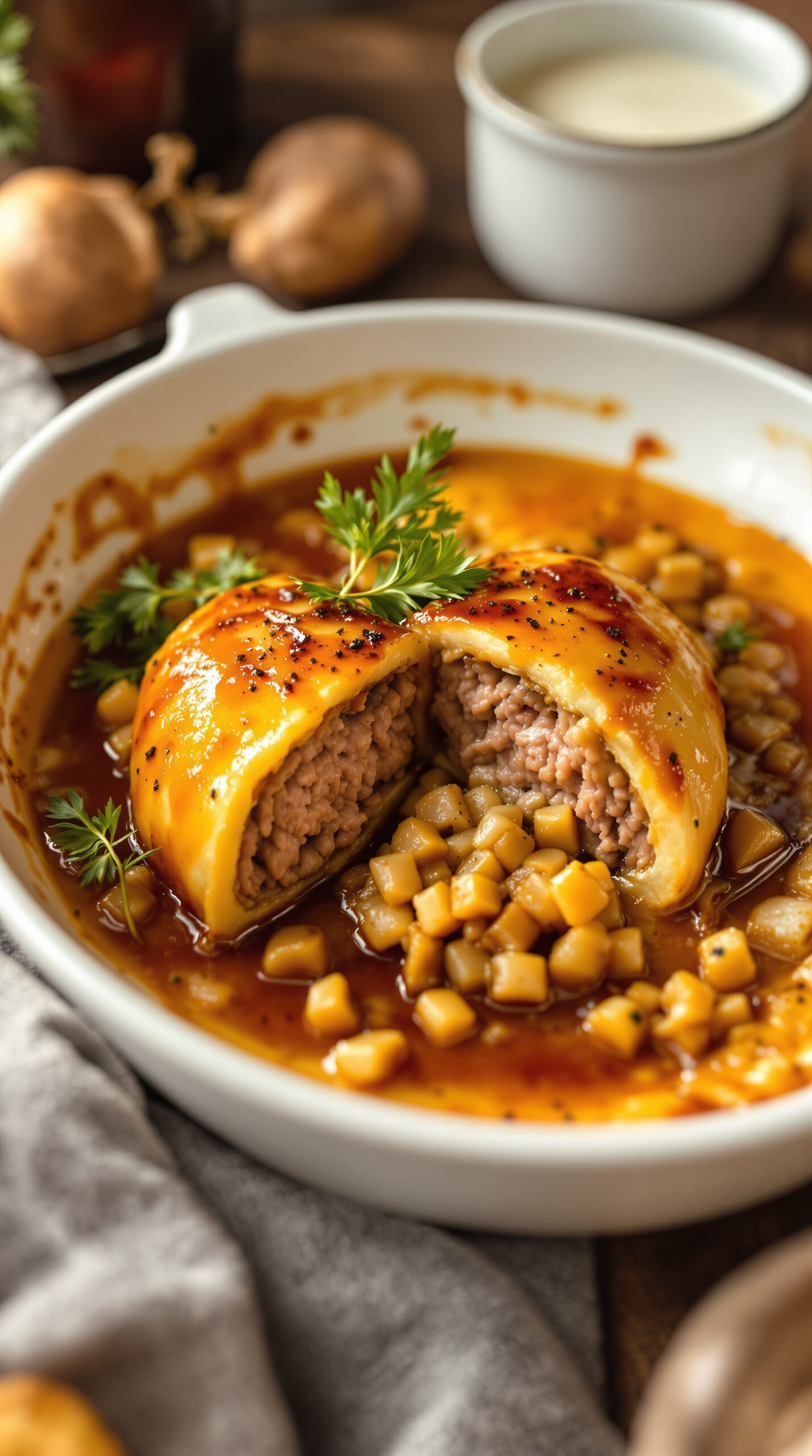 Cepelinas tranché en deux révélant sa farce de viande, nappé d'une sauce dorée au lard et à l'oignon