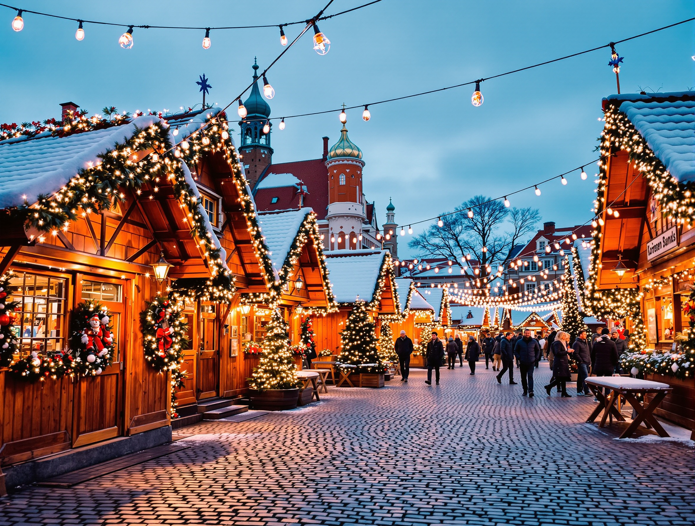 Marché de Noël traditionnel à Riga avec chalets en bois décorés et guirlandes lumineuses