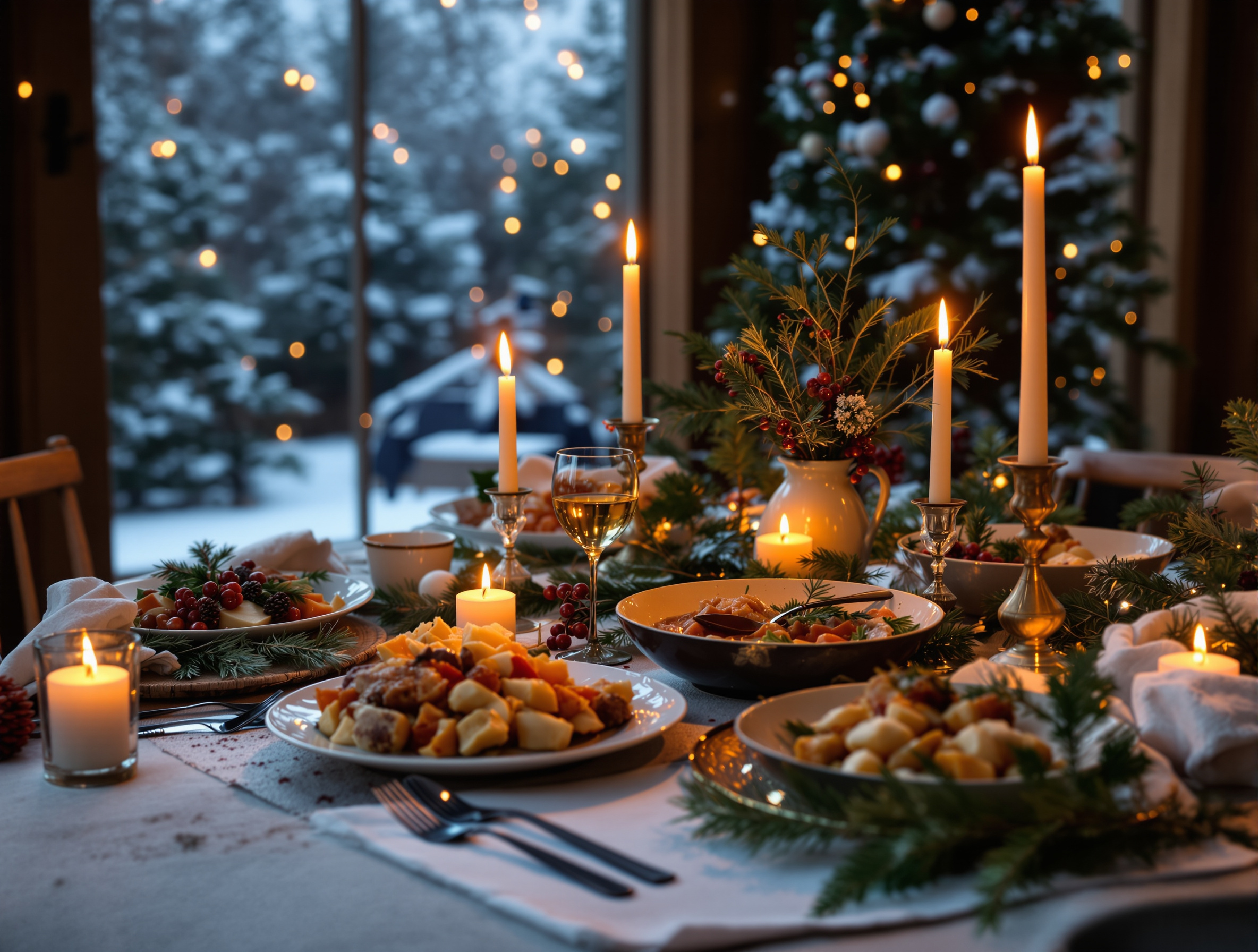 Table de Noël estonienne dressée en soirée avec bougies allumées et décorations en bois