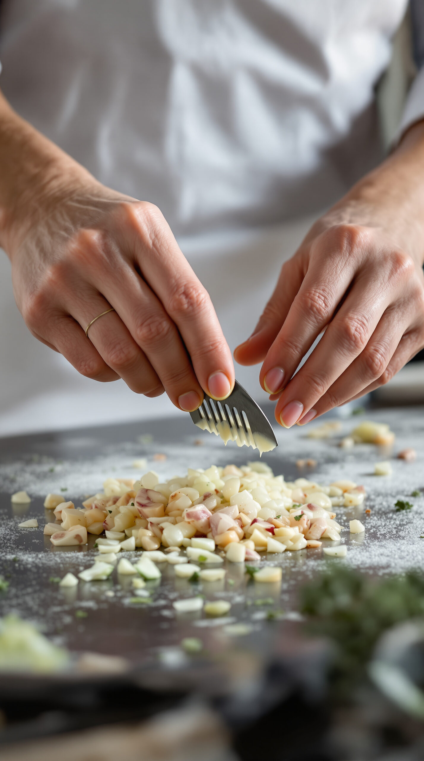 Mains remplissant délicatement un boyau naturel à l'entonnoir avec le mélange de sang, d'orge et d'oignons