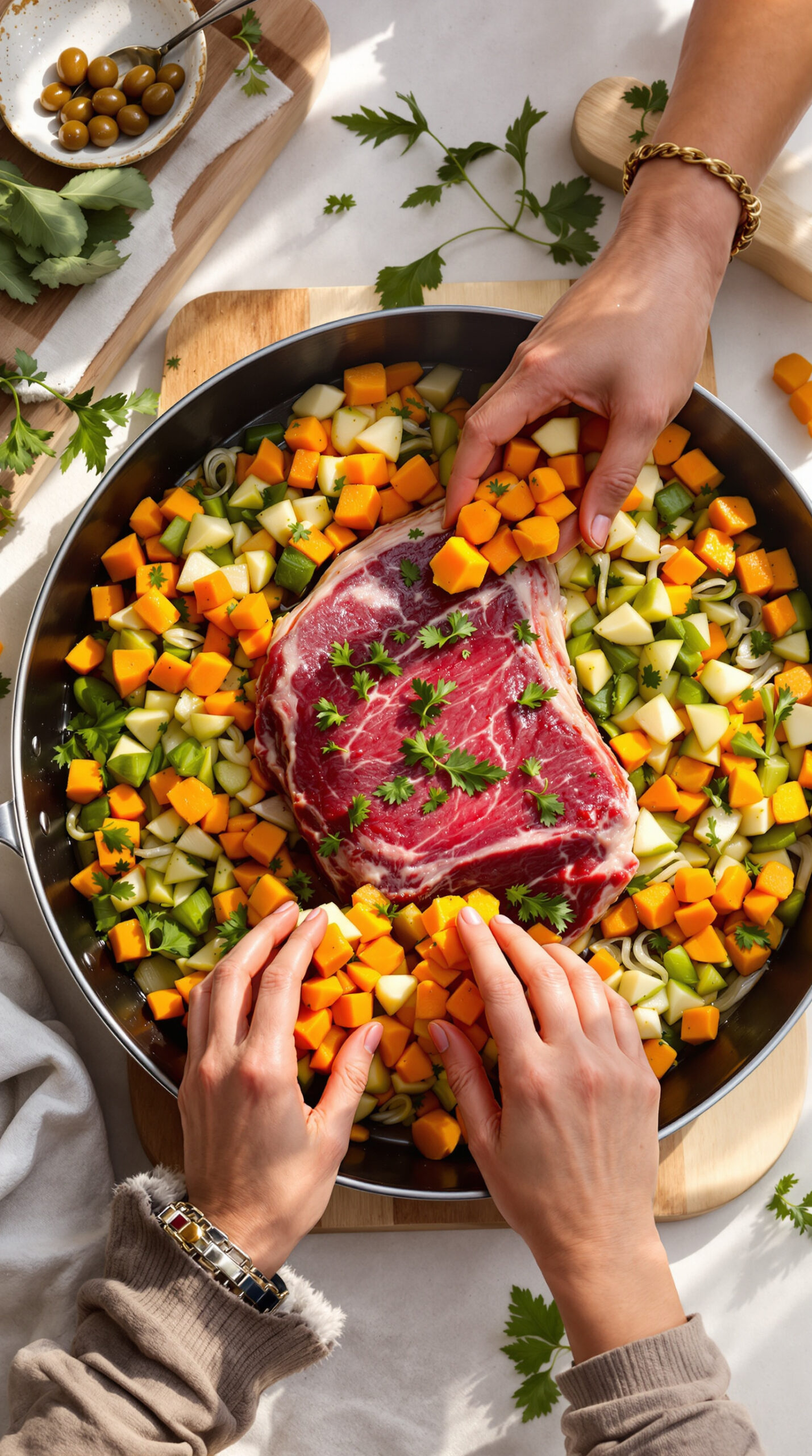Mains disposant des morceaux de carottes, céleri-rave et racine de persil autour d'un rôti de bœuf en marinade