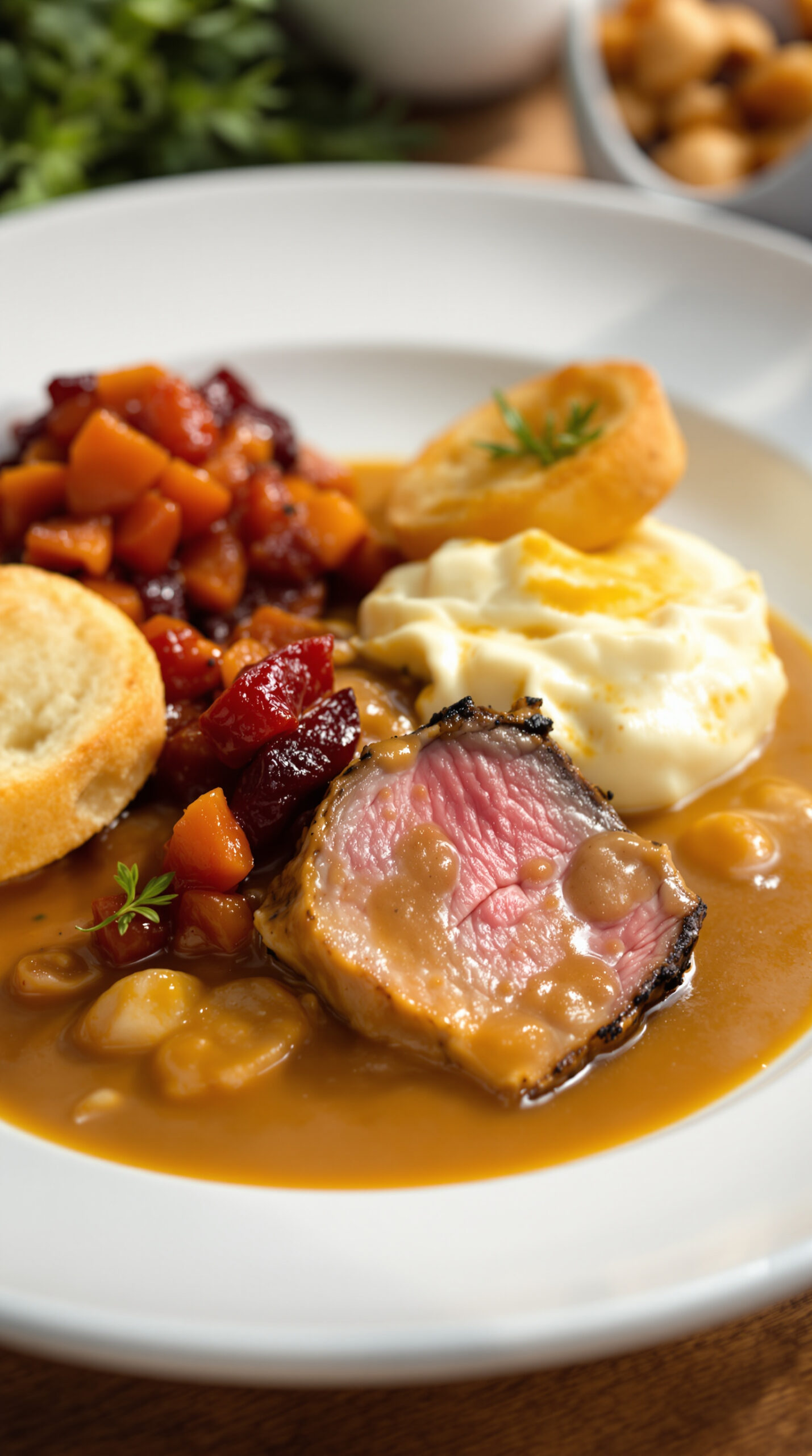 Tranches de bœuf nappées de sauce crémeuse avec knedlíky, compote de canneberges et crème fouettée