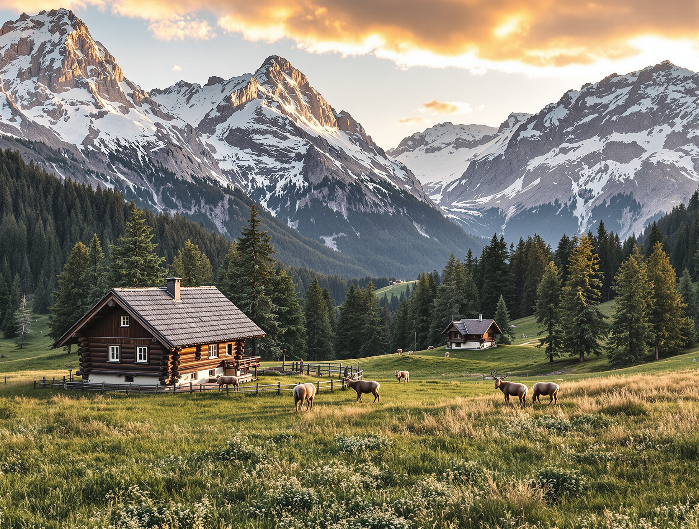 Chalets de bois traditionnels dans les prairies au pied des montagnes des Tatras slovaques