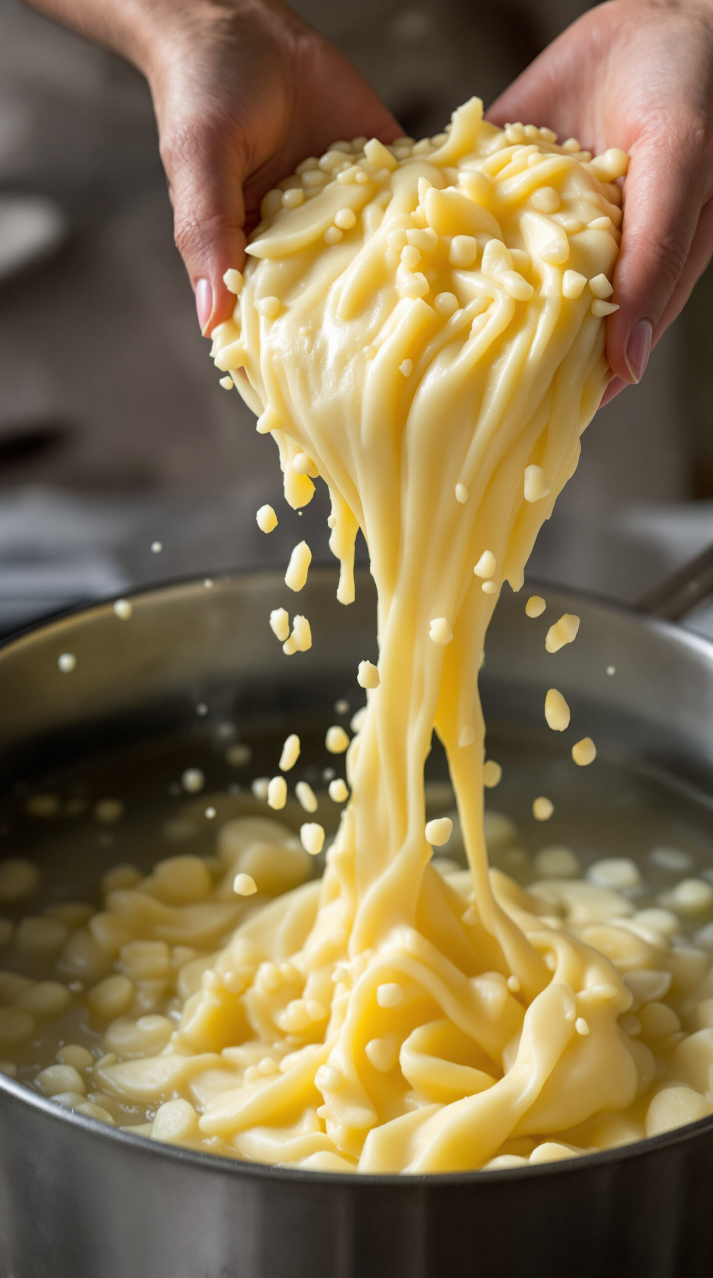 Mains faisant glisser une pâte de pommes de terre râpées à travers une planche à halušky au-dessus d'eau bouillante