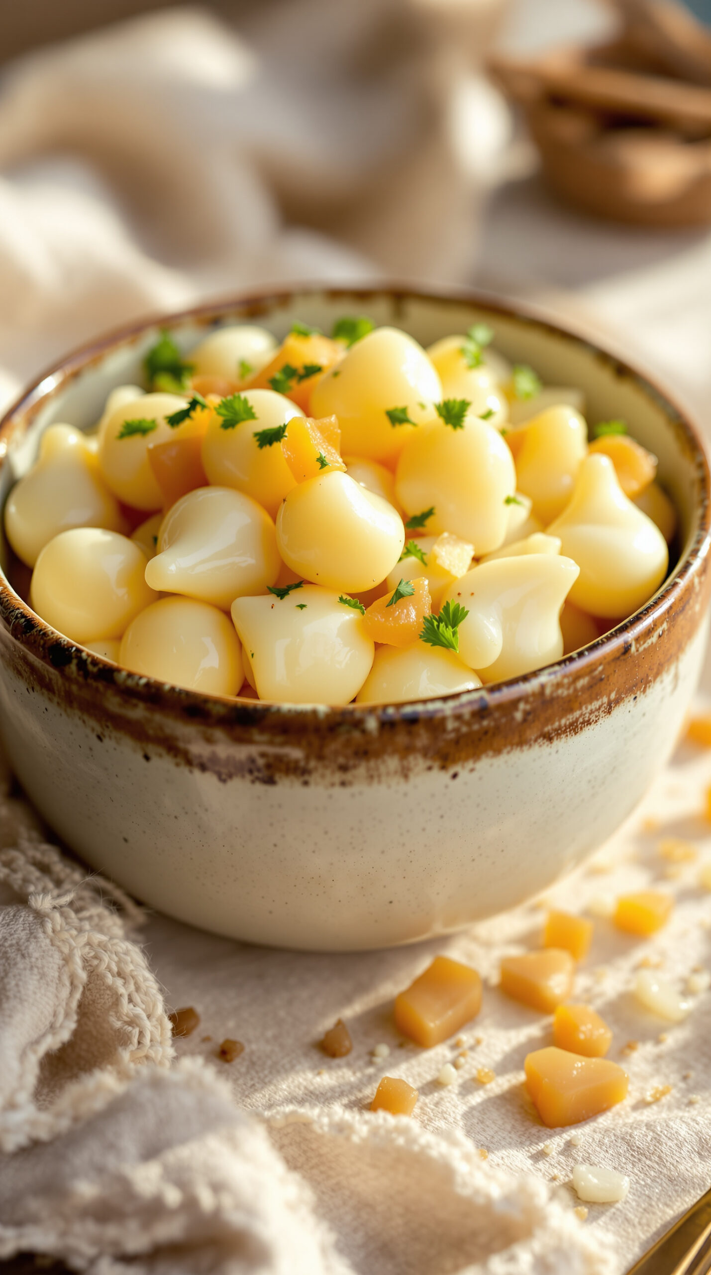 Bol de bryndzové halušky avec quenelles nappées de bryndza crémeuse et dés de lard fumé croustillant