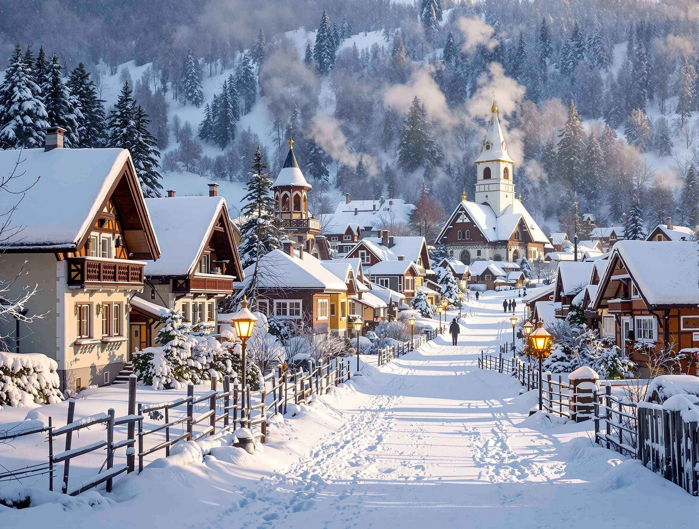 Village traditionnel de Transylvanie enneigé en hiver avec maisons colorées et fumée s'échappant des cheminées