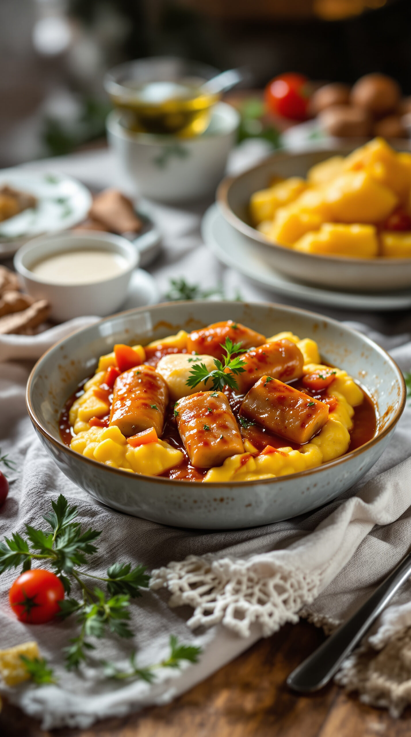 Assiette de sarmale fumantes nappées de sauce tomate avec polenta dorée et crème aigre