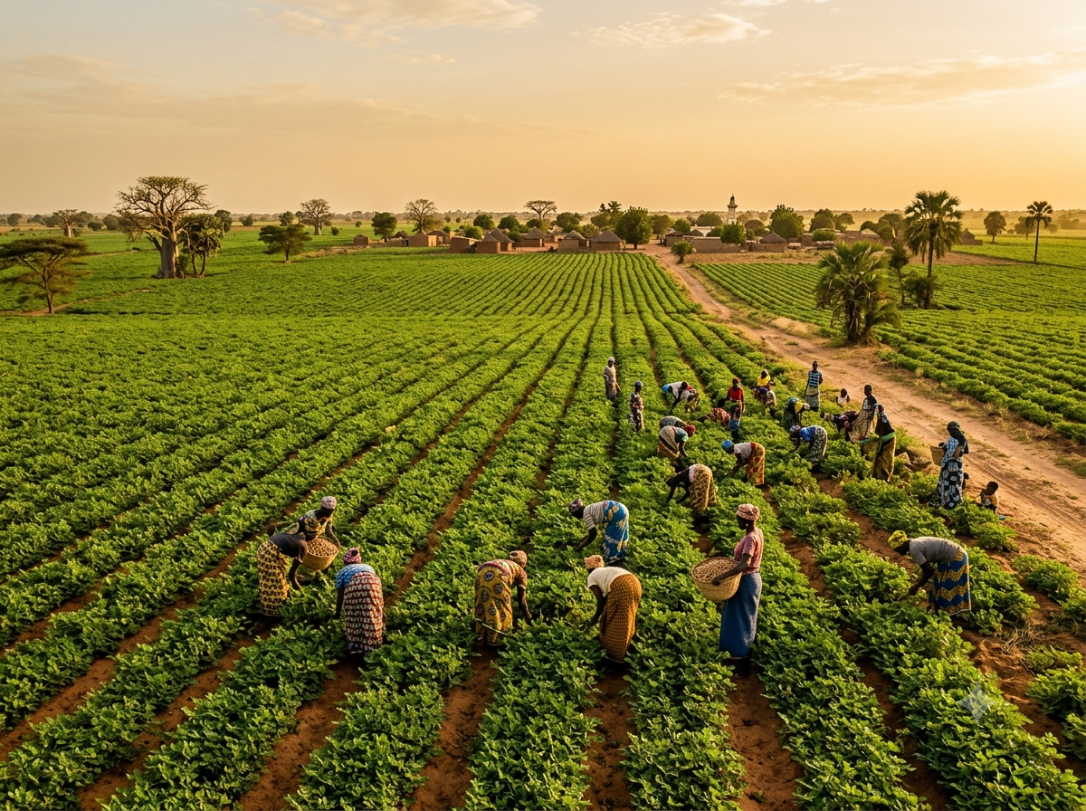 Champ d'arachide sénégalais sous une lumière chaude de fin de journée