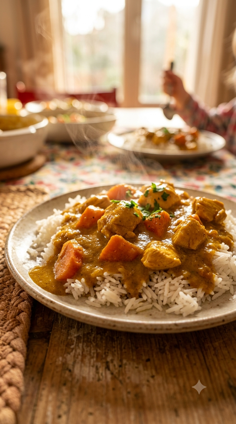 Assiette de riz blanc nappé d'une sauce épaisse couleur ocre au mafé, morceaux de poulet et carotte