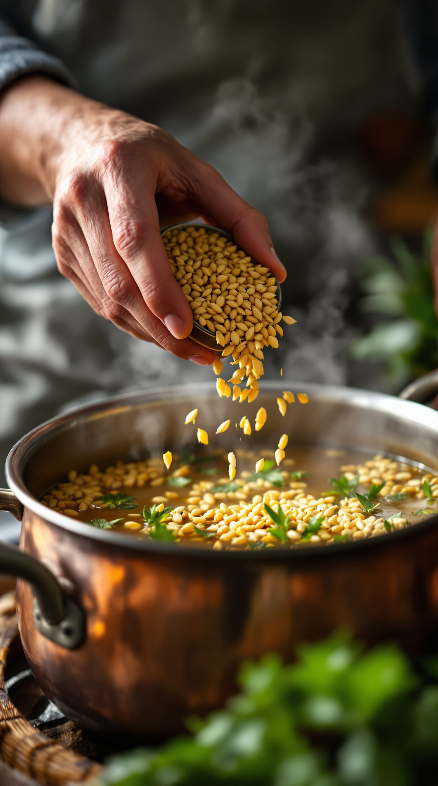 Mains versant du frik, blé vert concassé, dans une marmite de bouillon parfumé aux épices