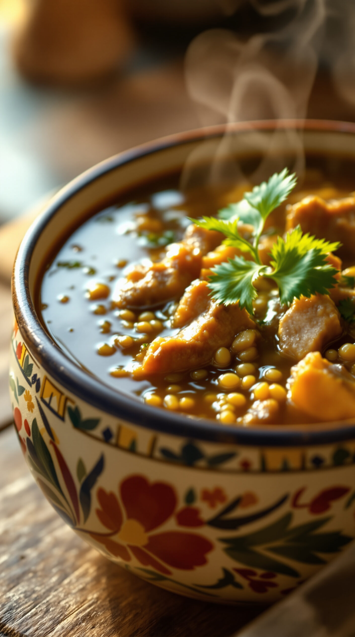 Bol en céramique peinte à la main rempli de chorba frik fumante avec morceaux de viande et blé vert