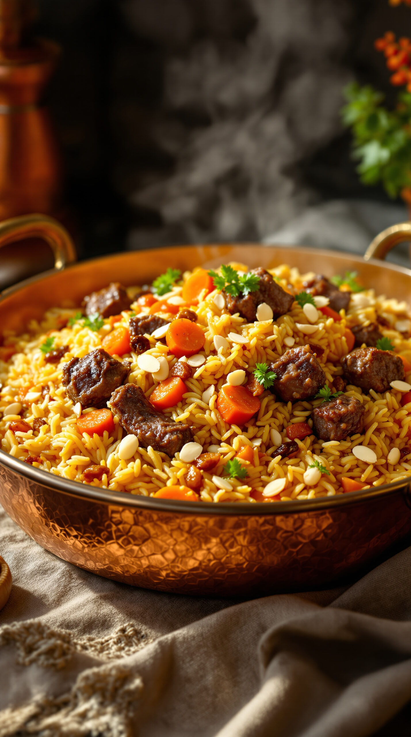 Grand plat en cuivre ciselé rempli de kaboli palaw fumant avec agneau, carottes caramélisées et amandes