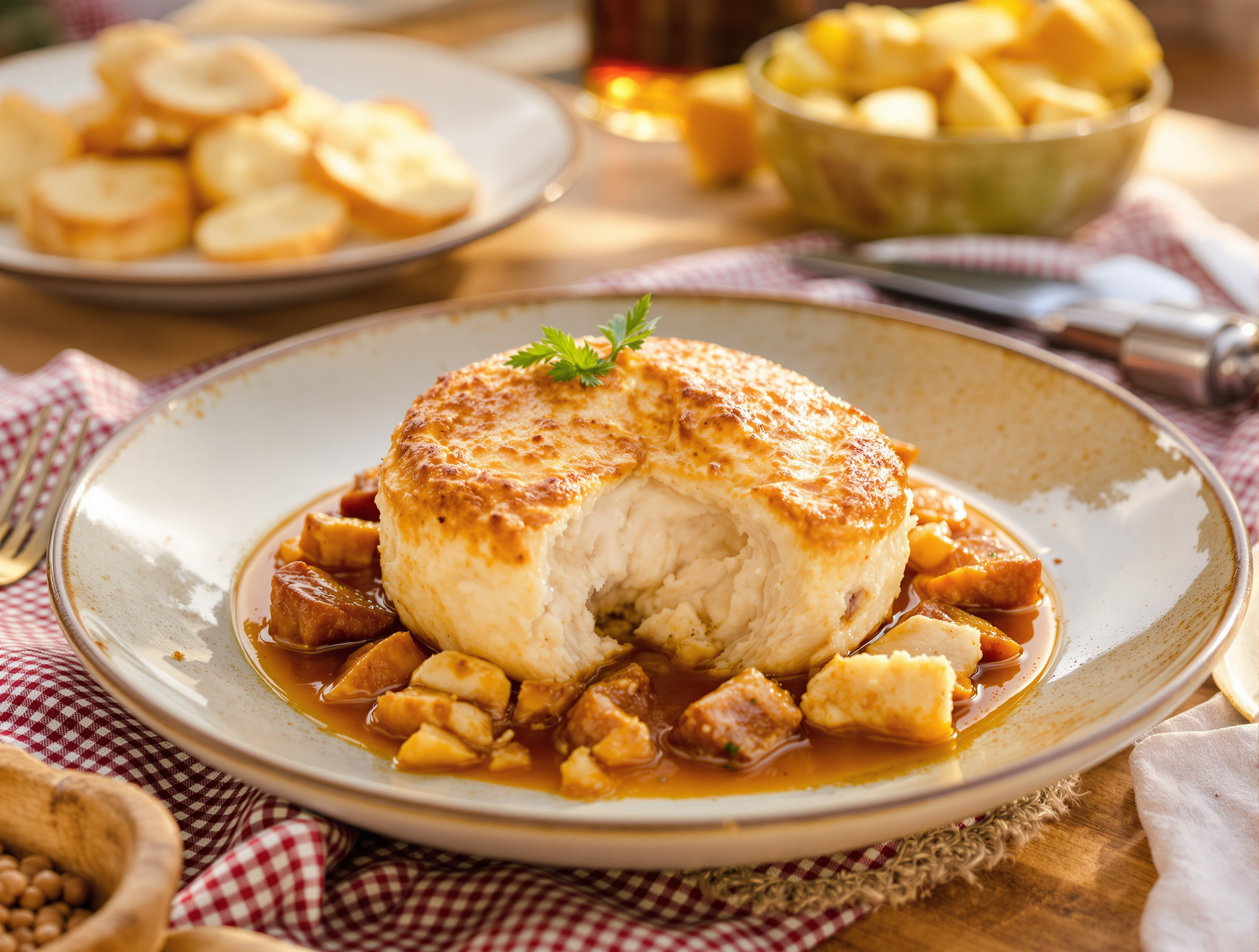 Plat en terre cuite contenant de la tavë kosi avec un dessus doré et légèrement soufflé