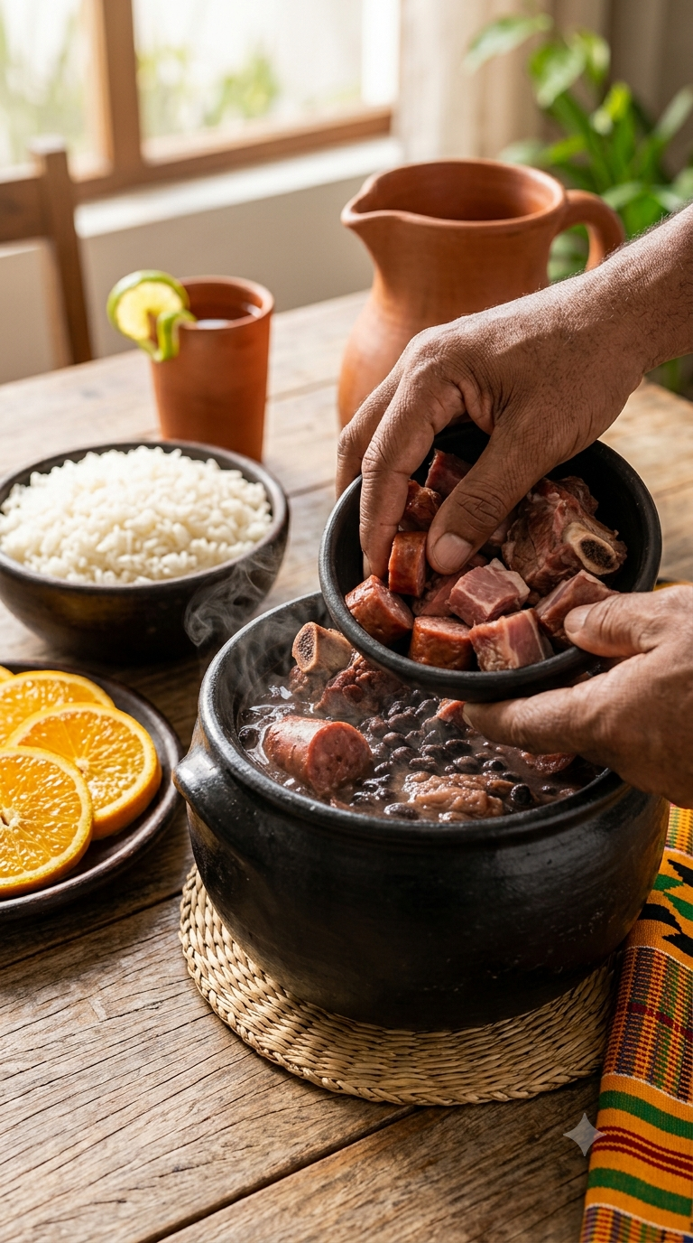 Main ajoutant des morceaux de porc variés dans une grande marmite de haricots noirs mijotés