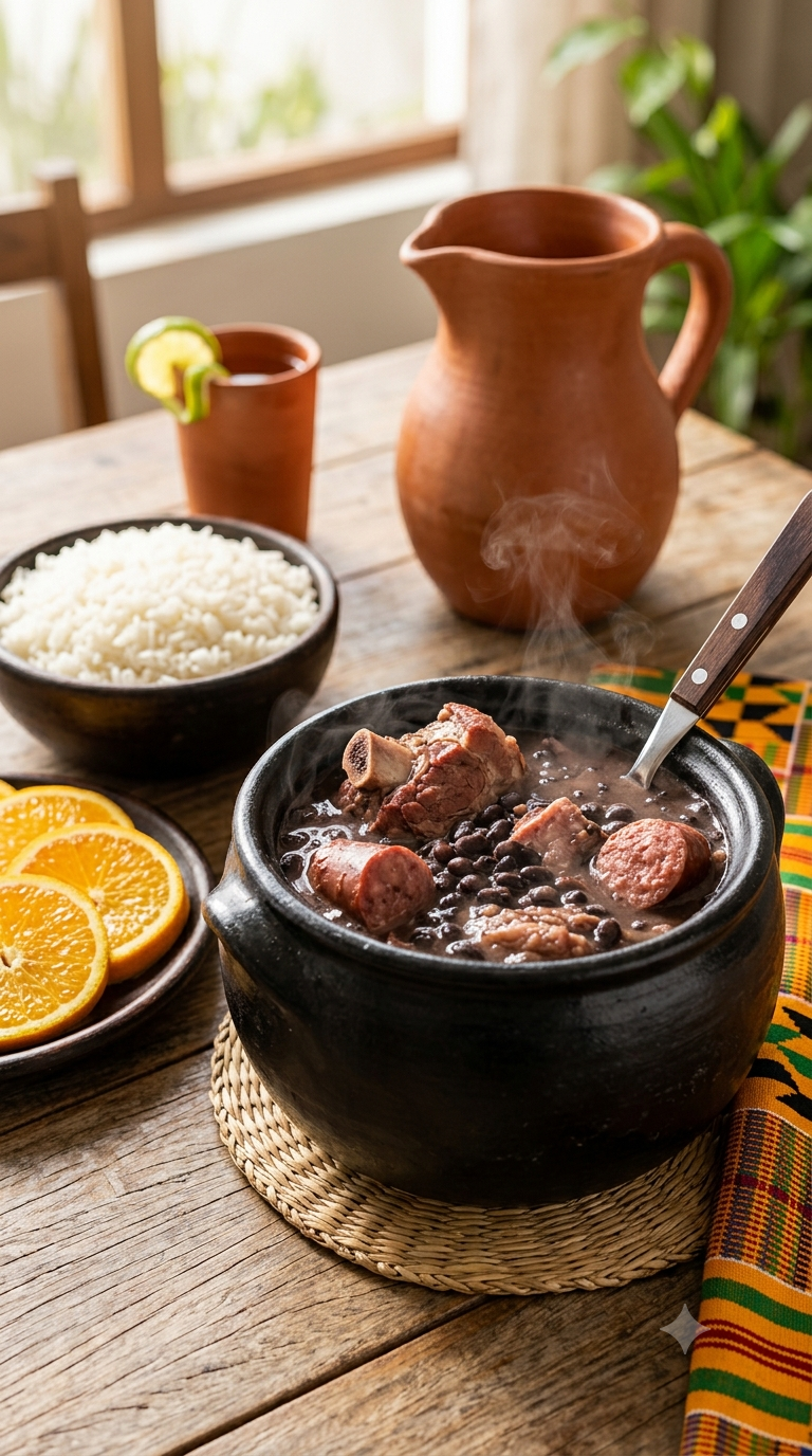 Plat en terre cuite noire rempli de feijoada fumante avec haricots noirs, porc, riz et tranches d'orange