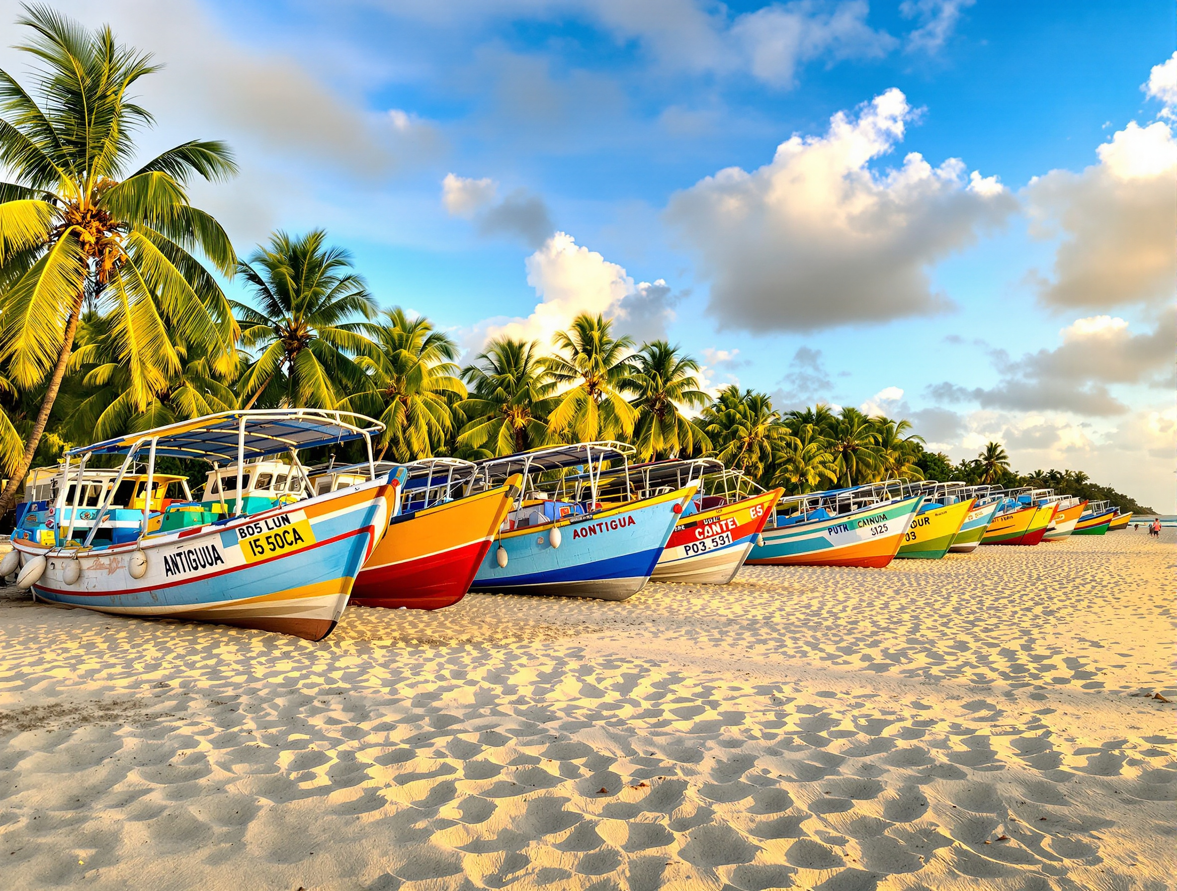 Plage d'Antigua avec bateaux de pêche colorés échoués sur le sable