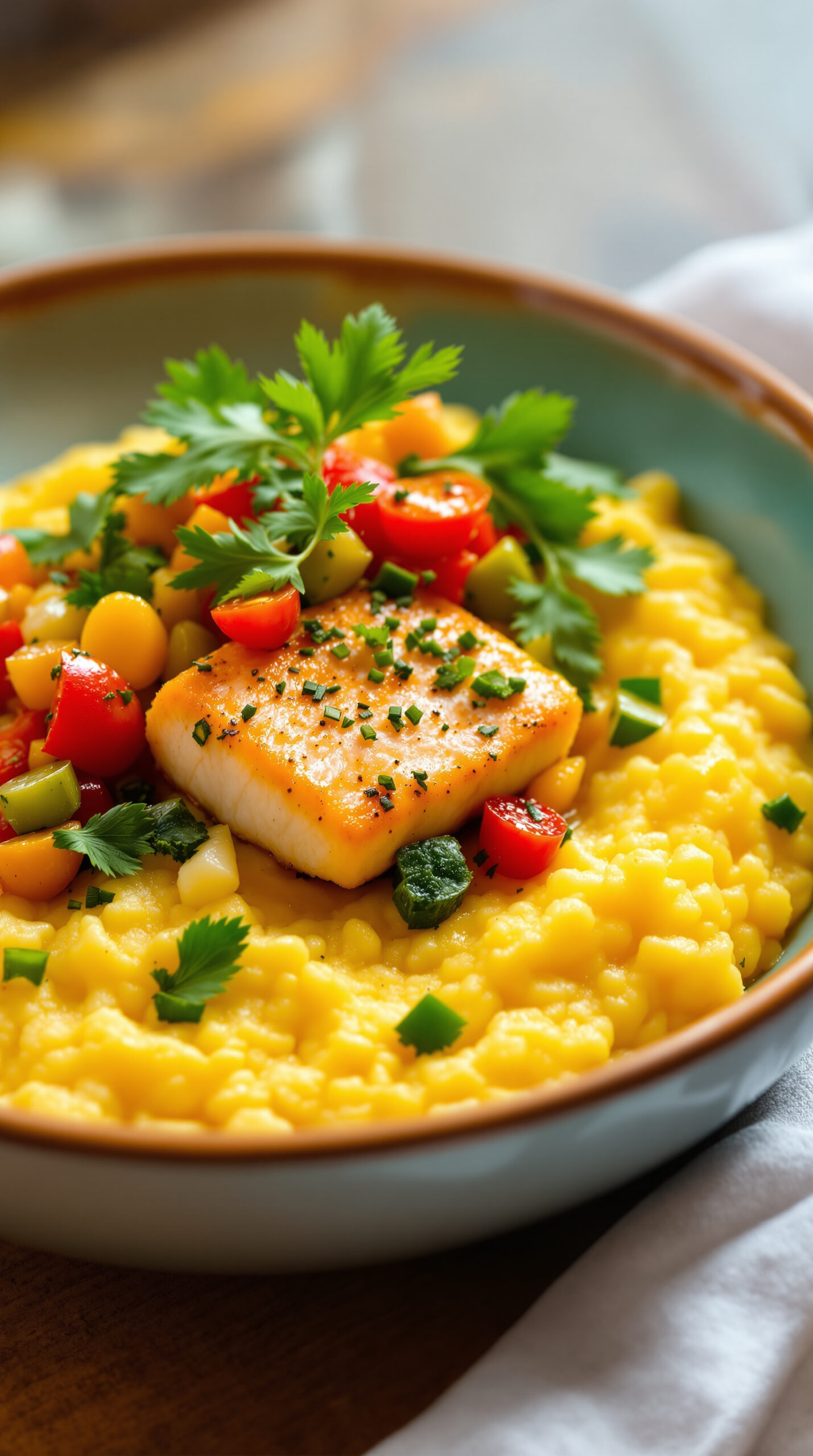 Portion de fungee, polenta de farine de maïs ferme, accompagnée de poisson salé mijoté aux légumes