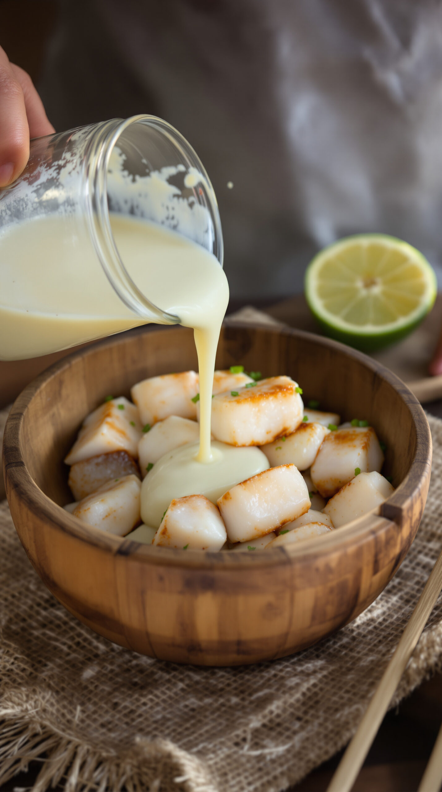 Main versant du lait de coco épais sur des morceaux de poisson déjà marinés au citron vert