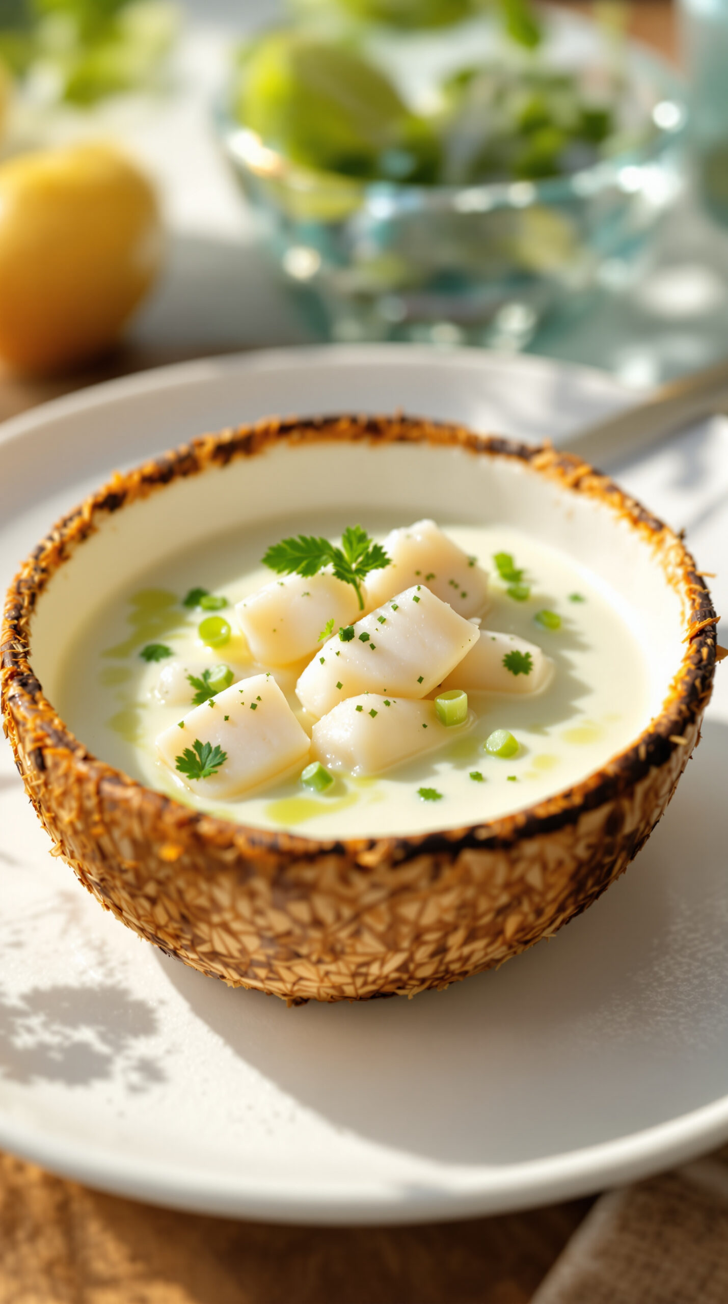 Poisson blanc mariné au citron vert et lait de coco servi dans une demi-noix de coco