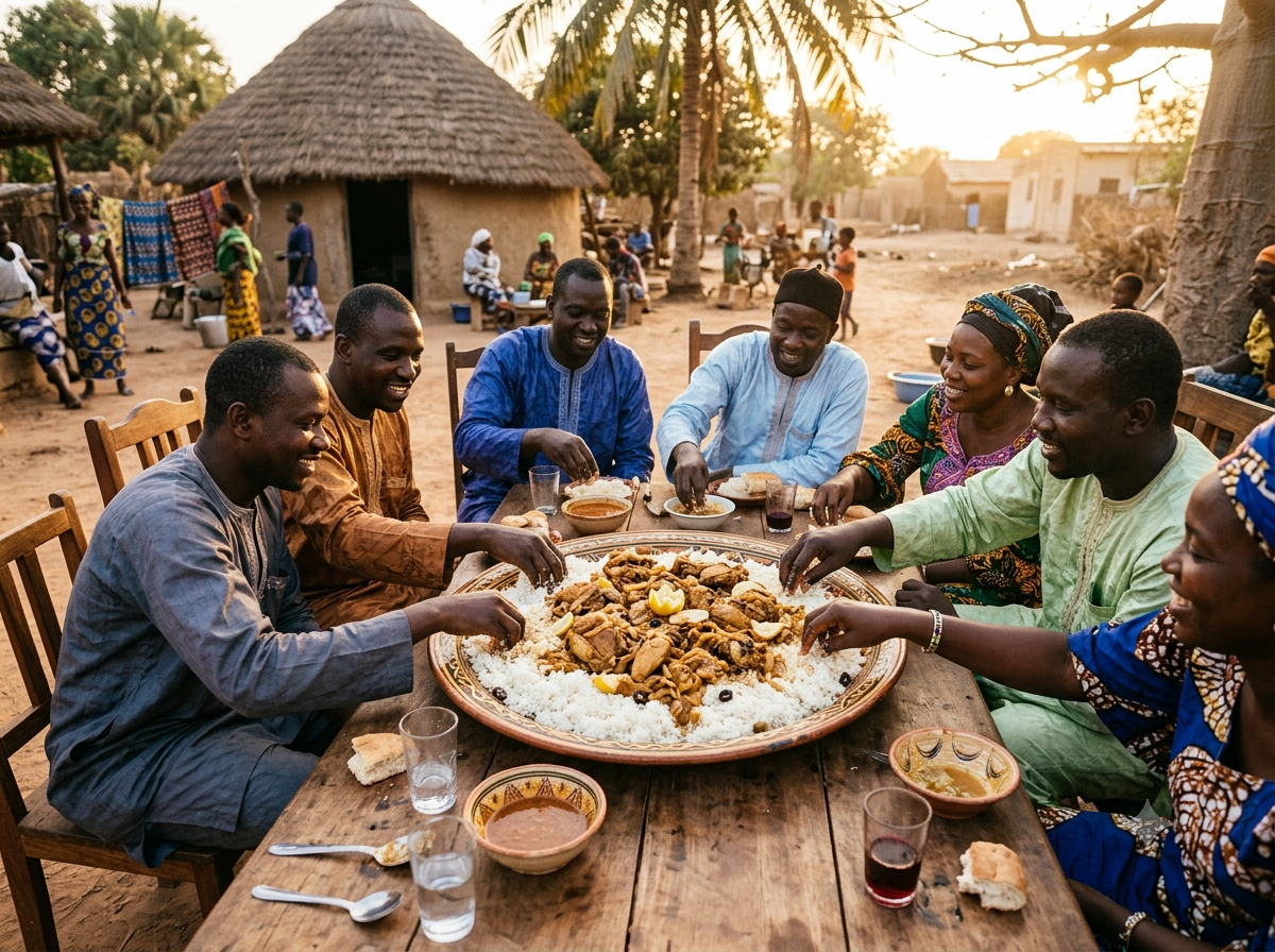 Grand plateau commun de yassa poulet et riz blanc partagé entre convives sur une table sénégalaise
