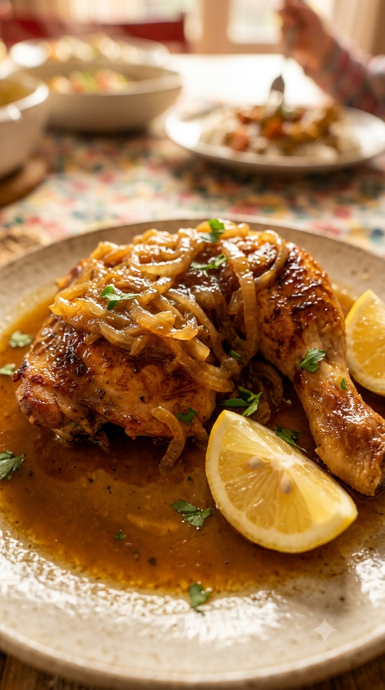 Poulet doré nappé d'une généreuse couche d'oignons fondants et caramélisés, quartiers de citron jaune