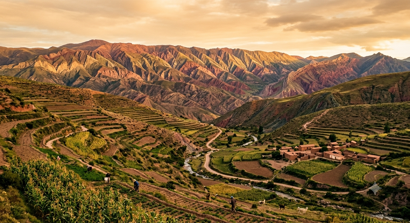 Paysage andin du nord-ouest argentin, montagnes colorées et terres cultivées en terrasses