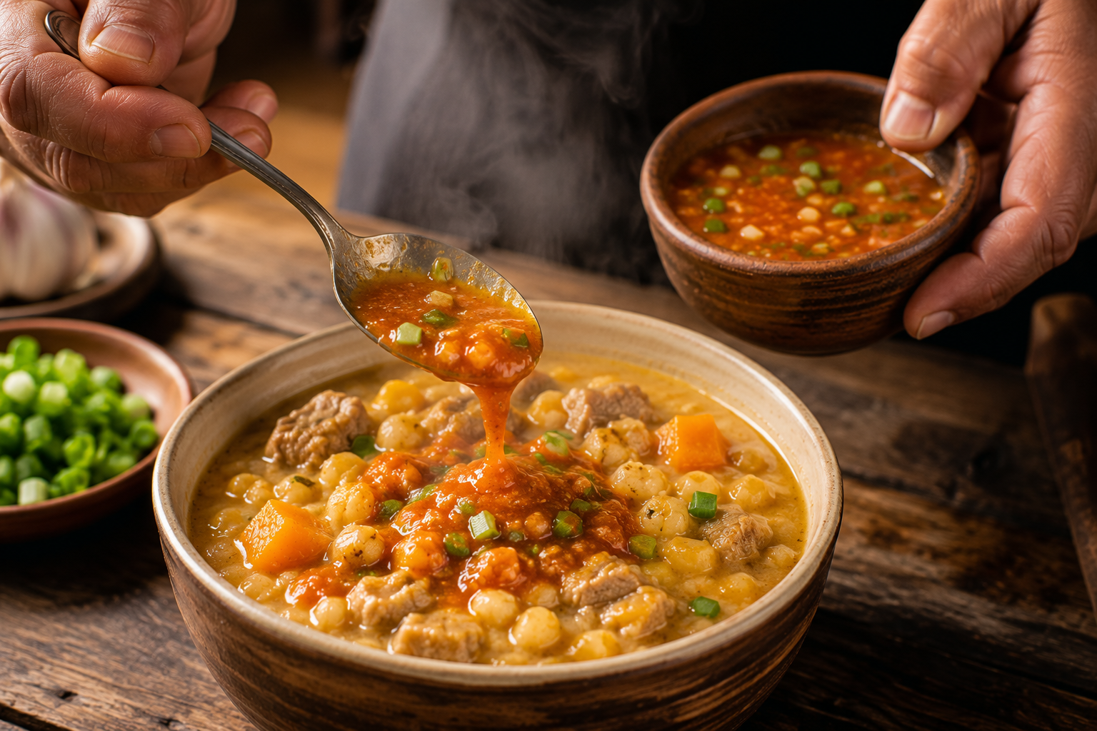 Mains versant à la cuillère une sauce piquante sur un bol de locro fumant