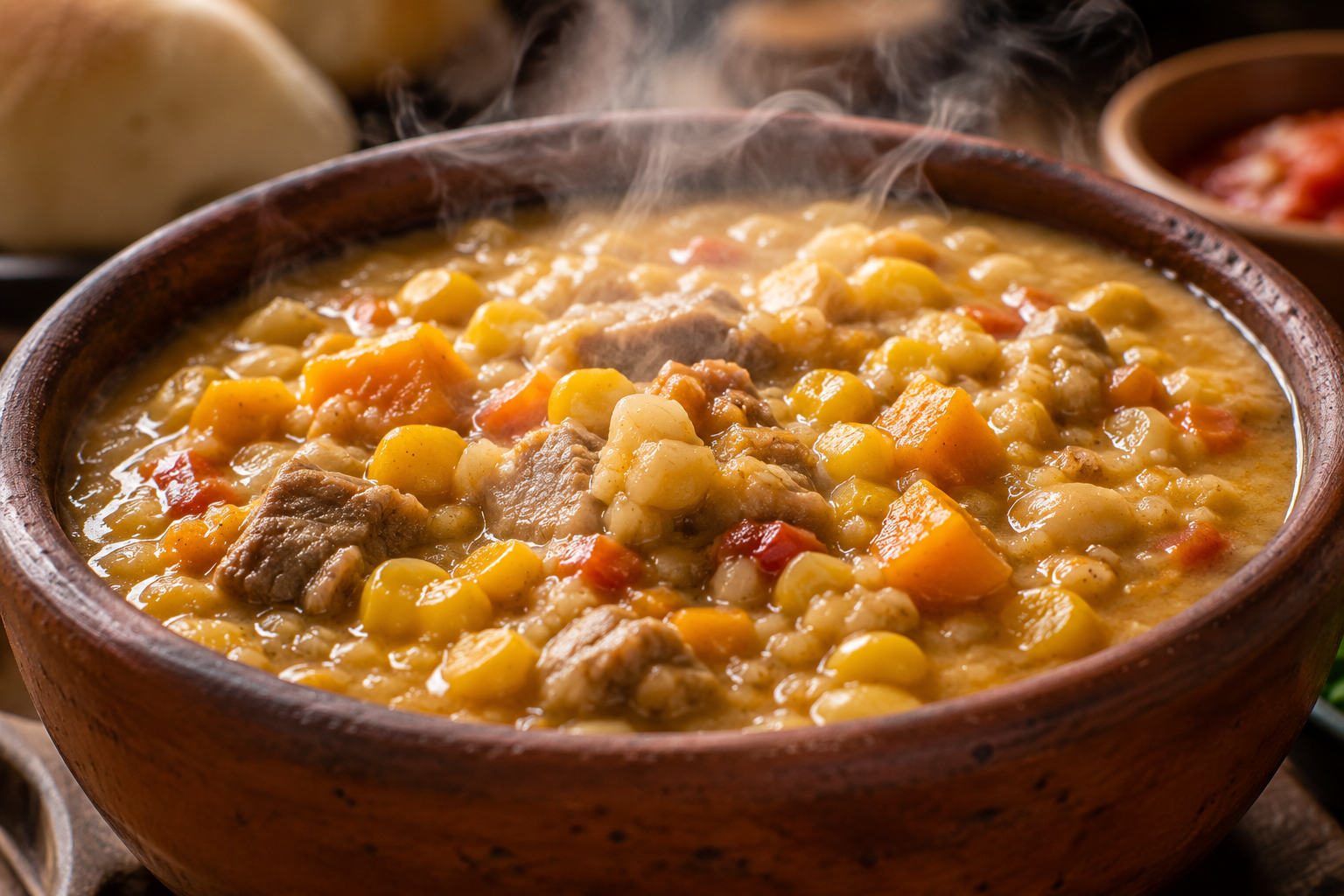 Locro argentin, ragoût épais et crémeux de maïs et courge servi dans une cocotte en terre cuite
