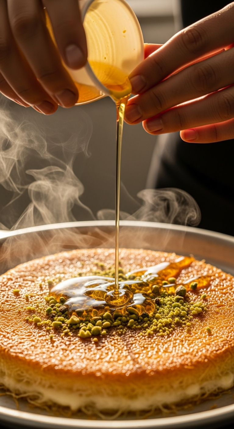mains versant sirop fleur oranger sur knafeh chaud geste genereux