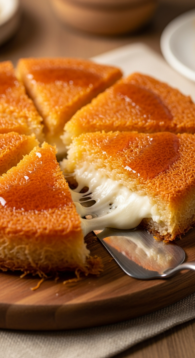 knafeh palestinien coupe fromage fondu filant kadayif dore sirop brillant