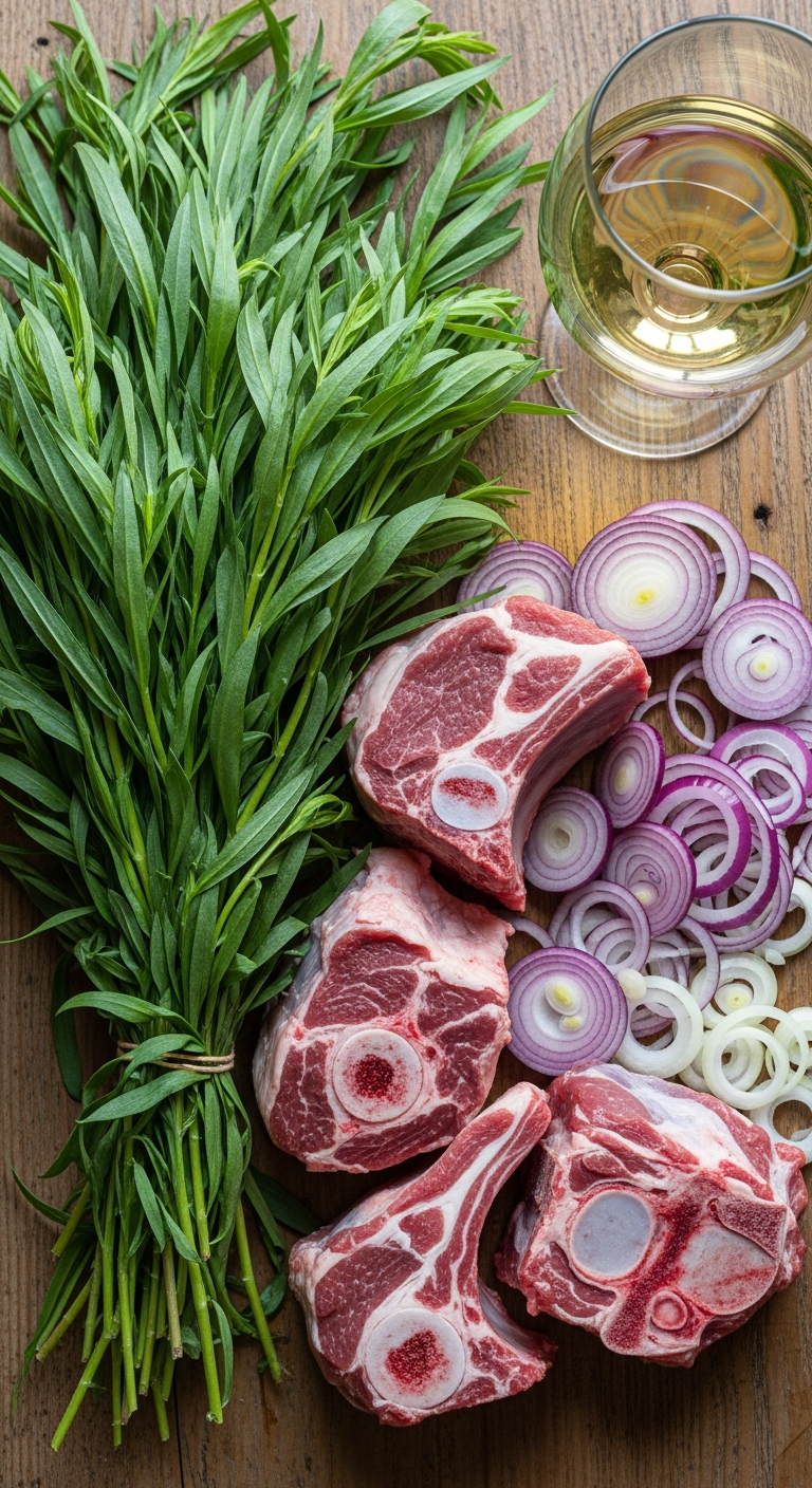 mise en place chakapuli estragon frais vin blanc agneau oignon vert