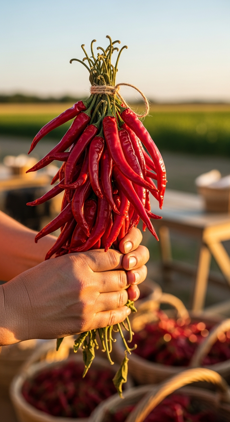 mains tenant des piments séchés rouge vif récolte tradition paprika Europe centrale