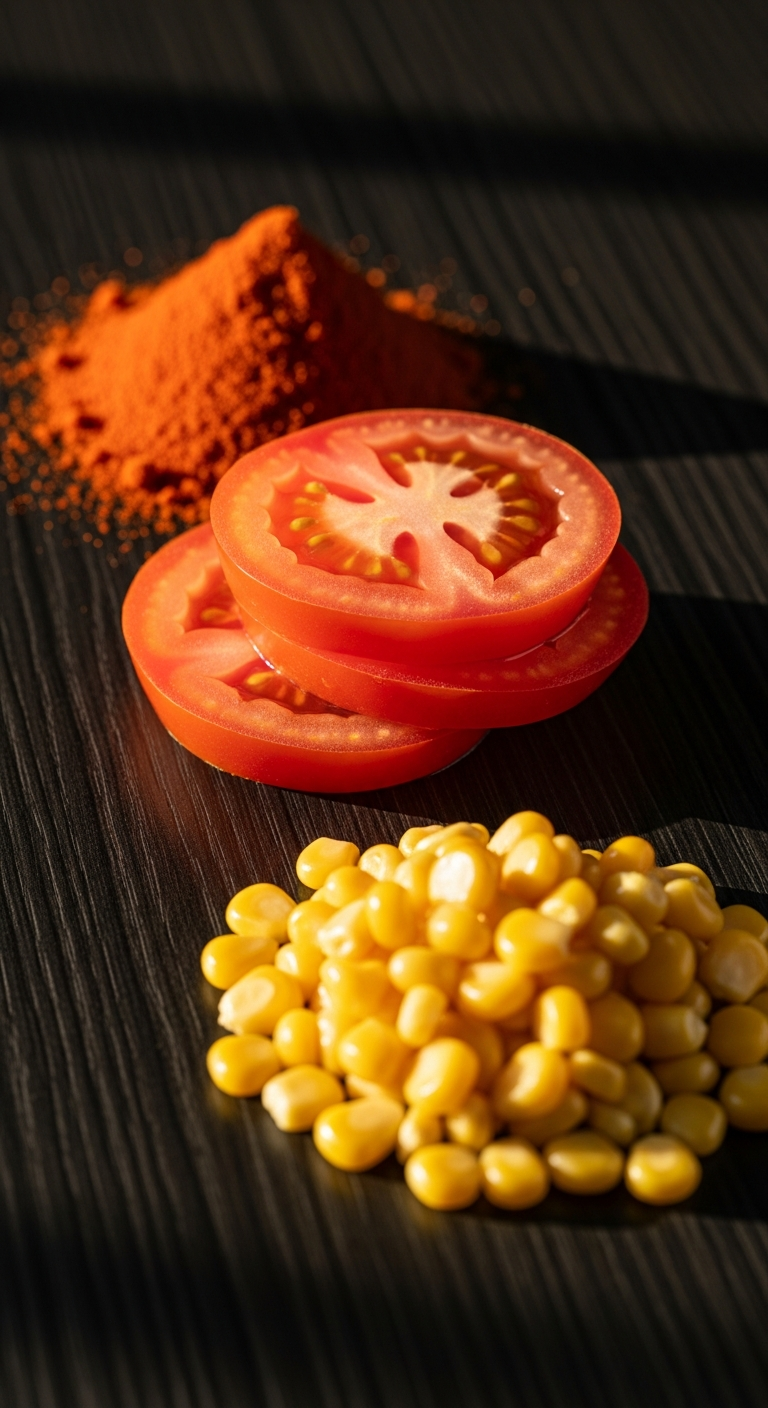composition paprika rouge tomate fraîche maïs jaune trois ingrédients des Amériques