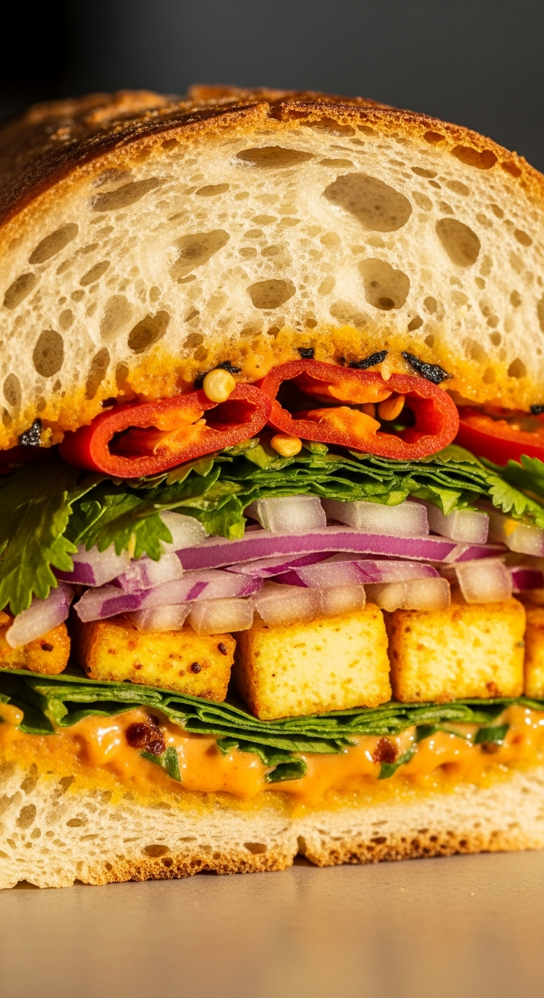 sandwich fusion coupe pain croustillant garniture colorée épicée contraste textures cuisine hybride