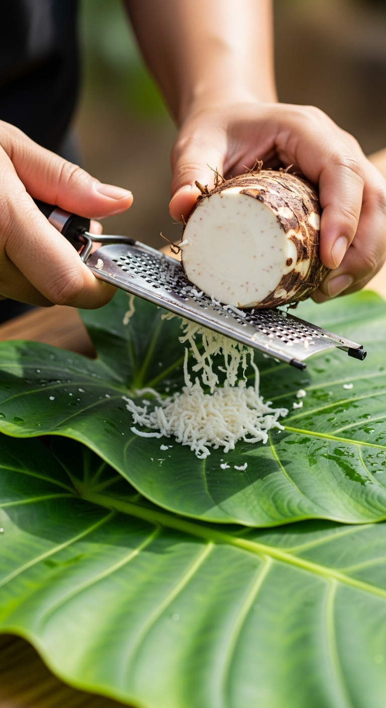 mains râpant un taro frais geste précis préparation traditionnelle Pacifique lumière tropicale
