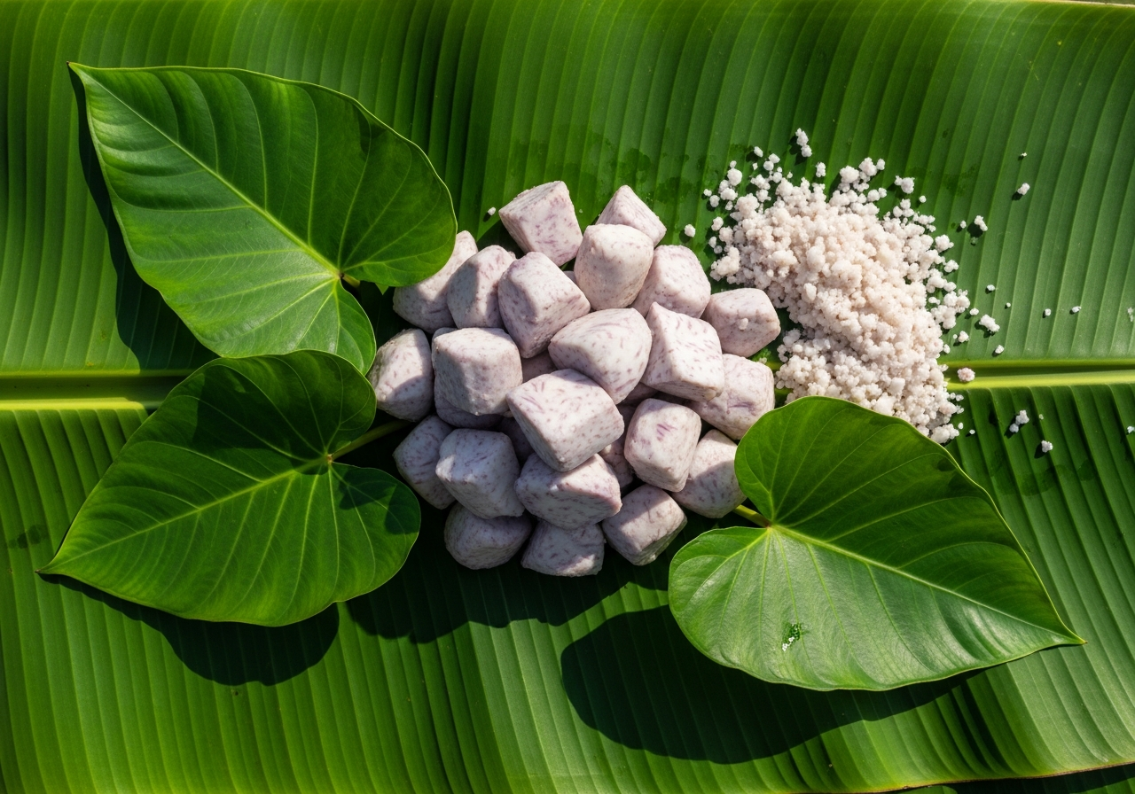 composition taro cuit en morceaux feuilles de taro vertes taro râpé blanc sur feuille de bananier Pacifique