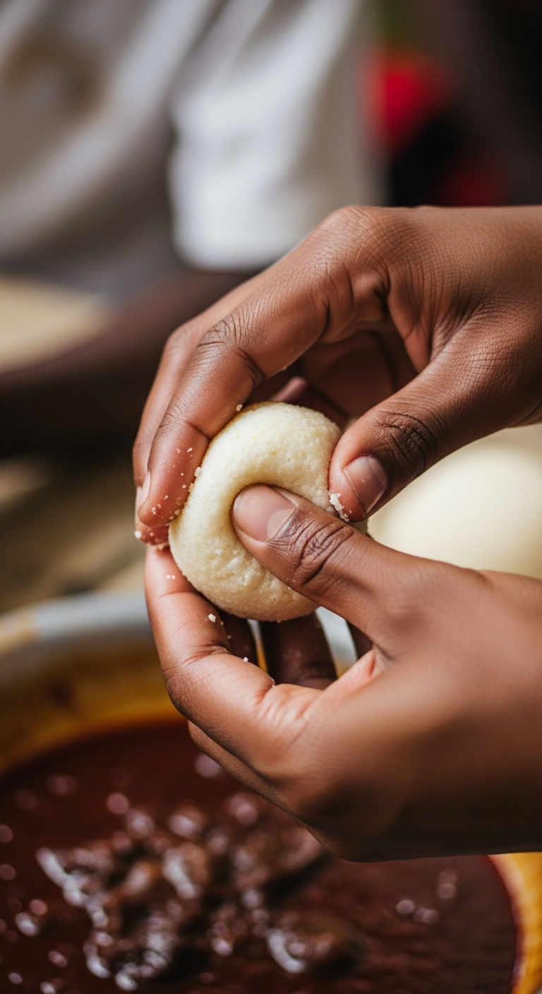 mains formant une boulette de polenta blanche geste précis naturel repas familial africain