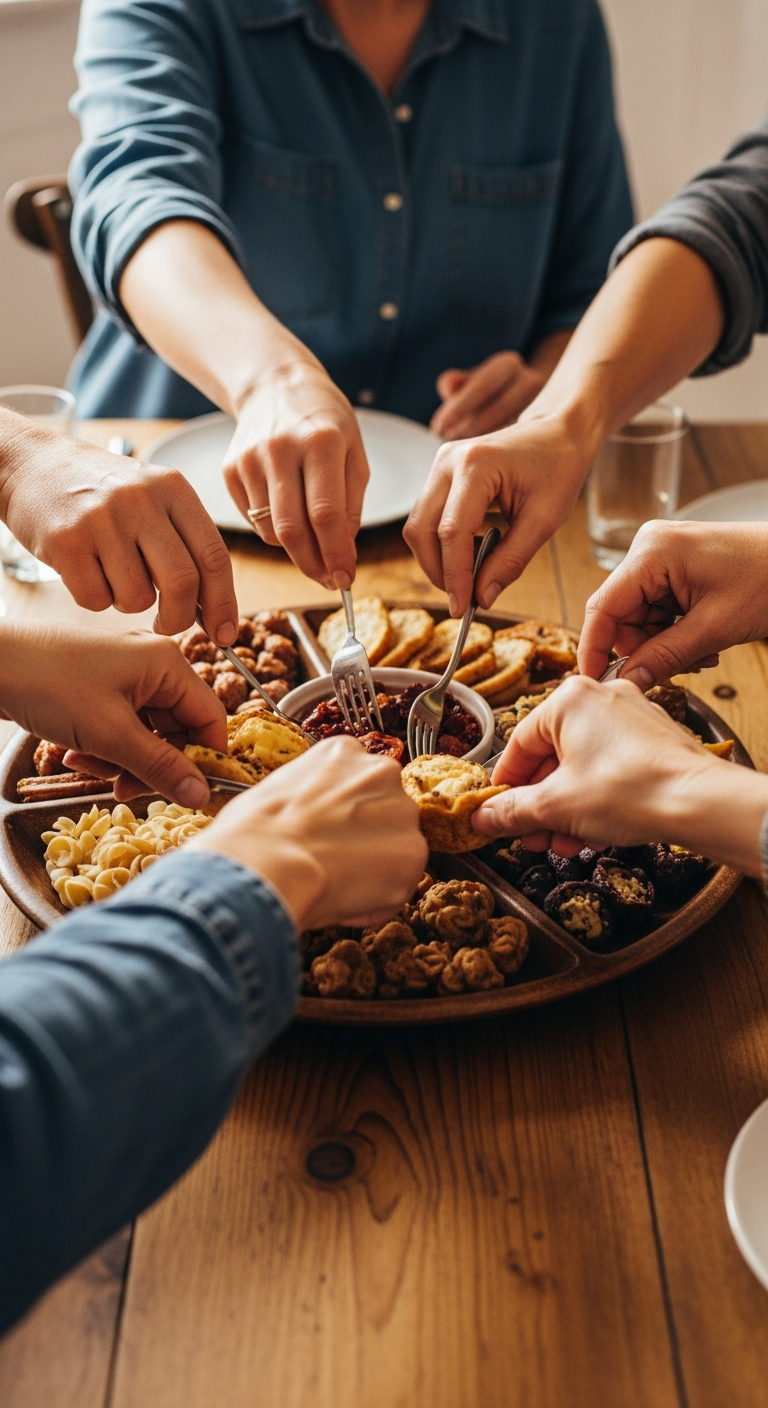 plusieurs mains tendues vers un grand plat central partagé geste de convivialité repas collectif