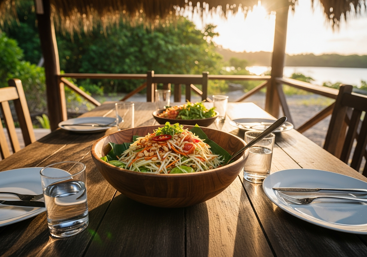 Table extérieure en Nouvelle-Calédonie avec un saladier de salade de papaye verte partagé entre convives