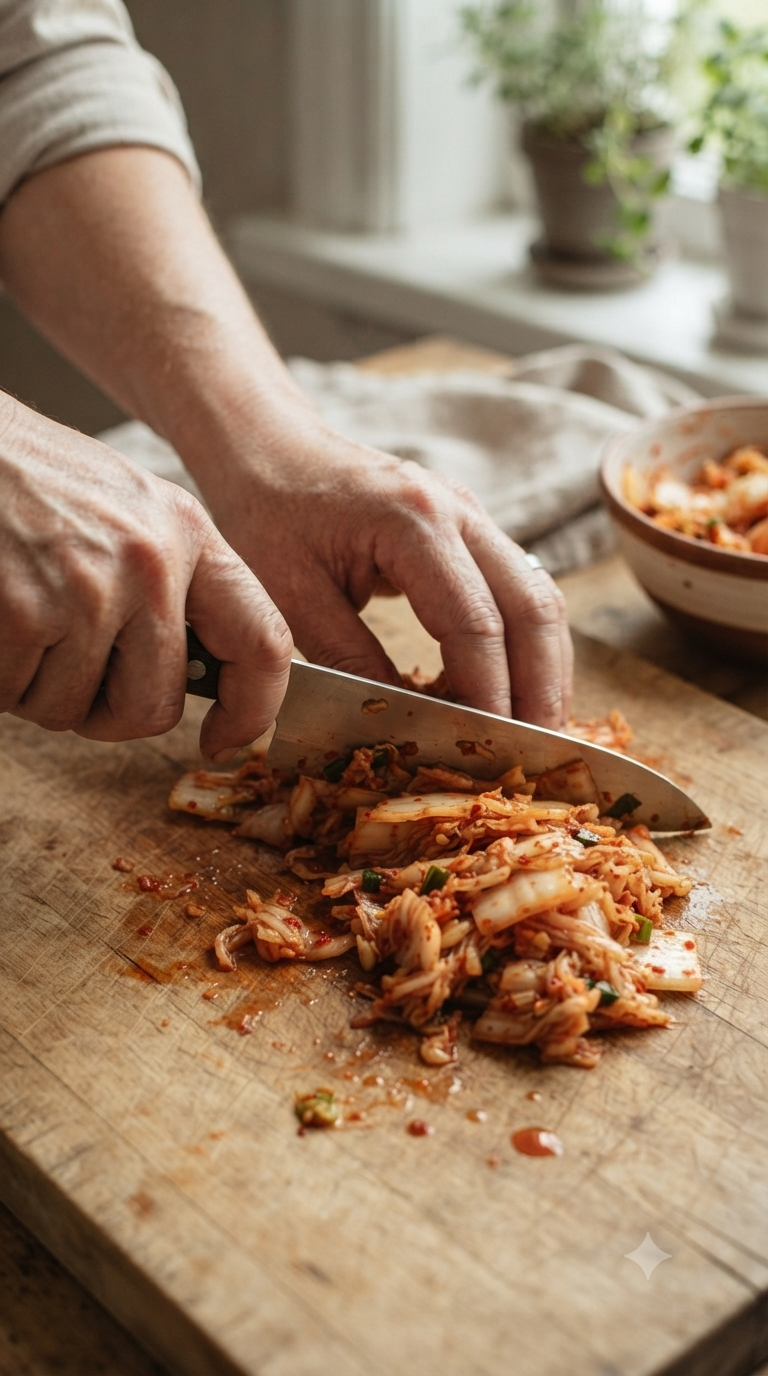 Mains hachant finement du kimchi sur une planche à découper