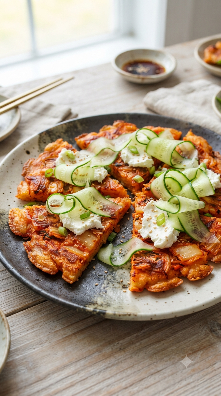 Crêpe kimchi coupée en parts, chèvre frais et concombre sur le dessus