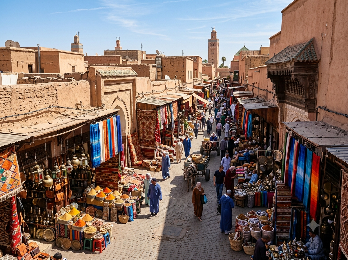 Médina de Marrakech avec échoppes traditionnelles colorées