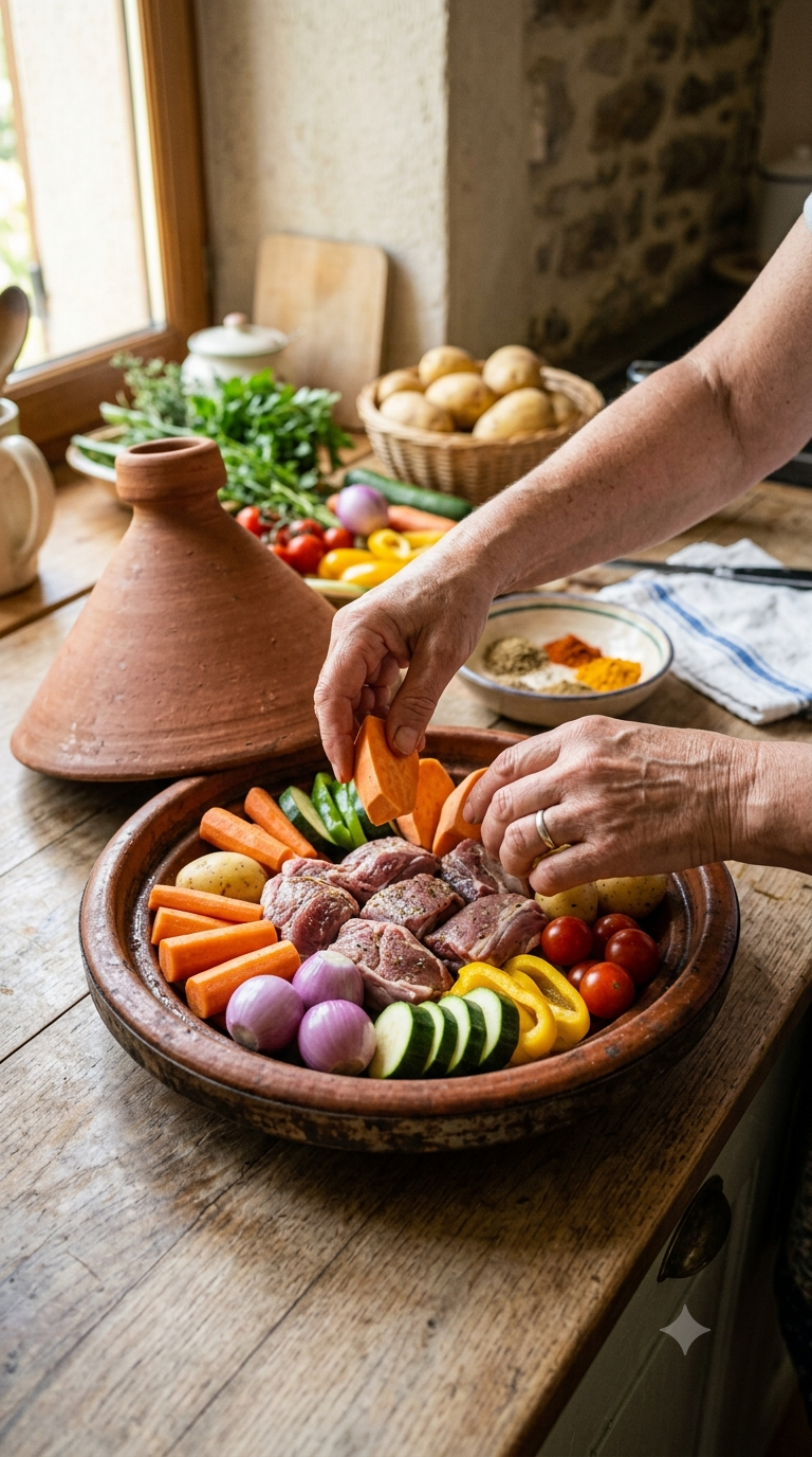 Mains disposant des légumes colorés en couronne dans un plat à tajine