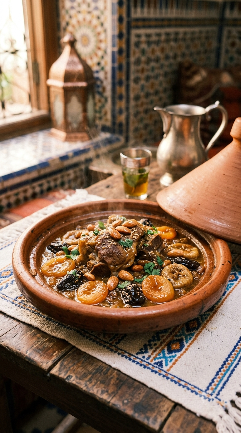 Tajine marocain servi dans son plat traditionnel en terre cuite