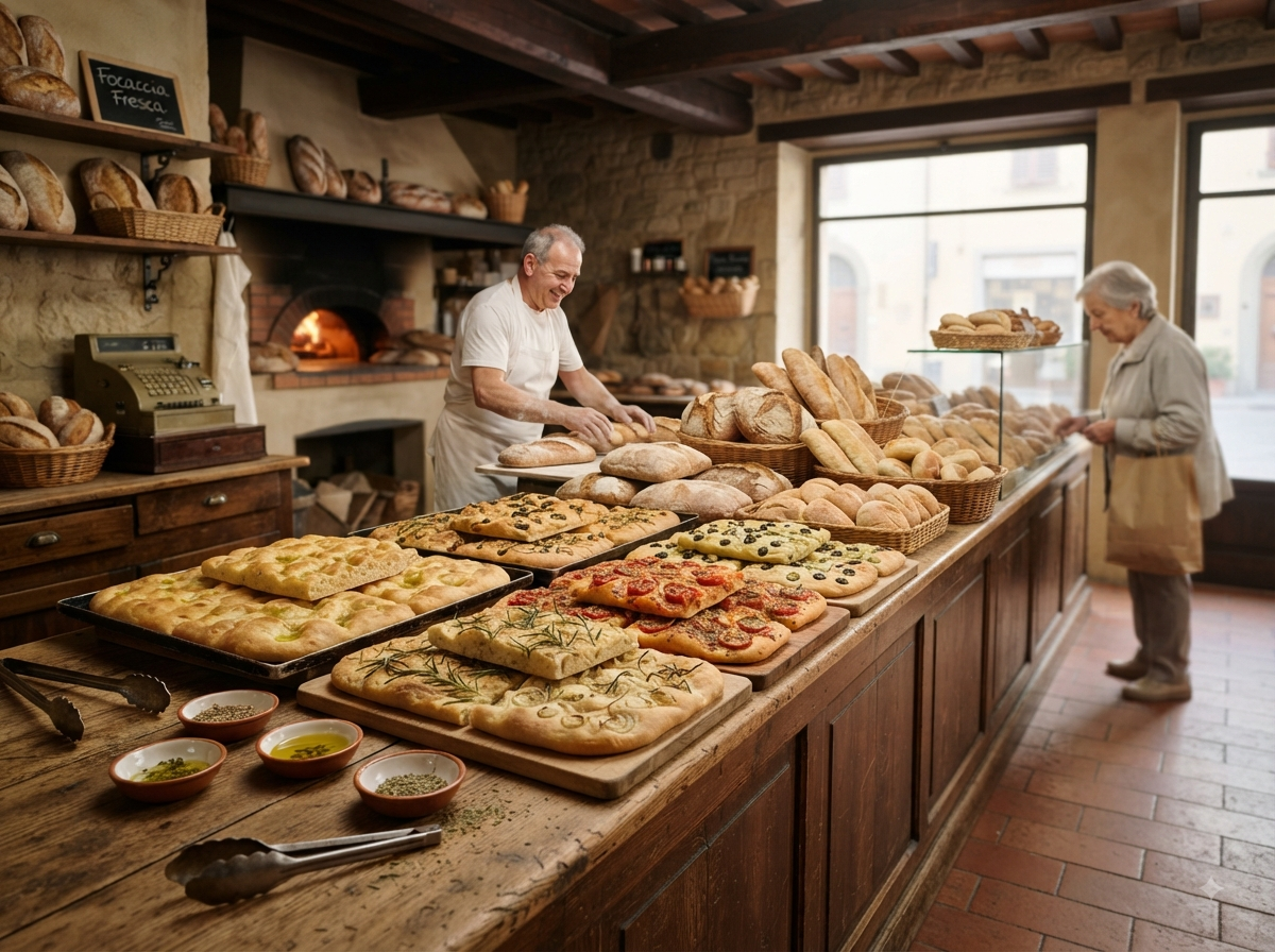 Boulangerie italienne traditionnelle avec pains exposés