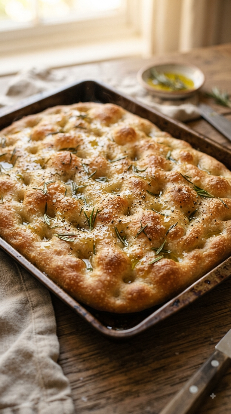 Focaccia italienne entière tout juste sortie du four, alvéoles bien visibles