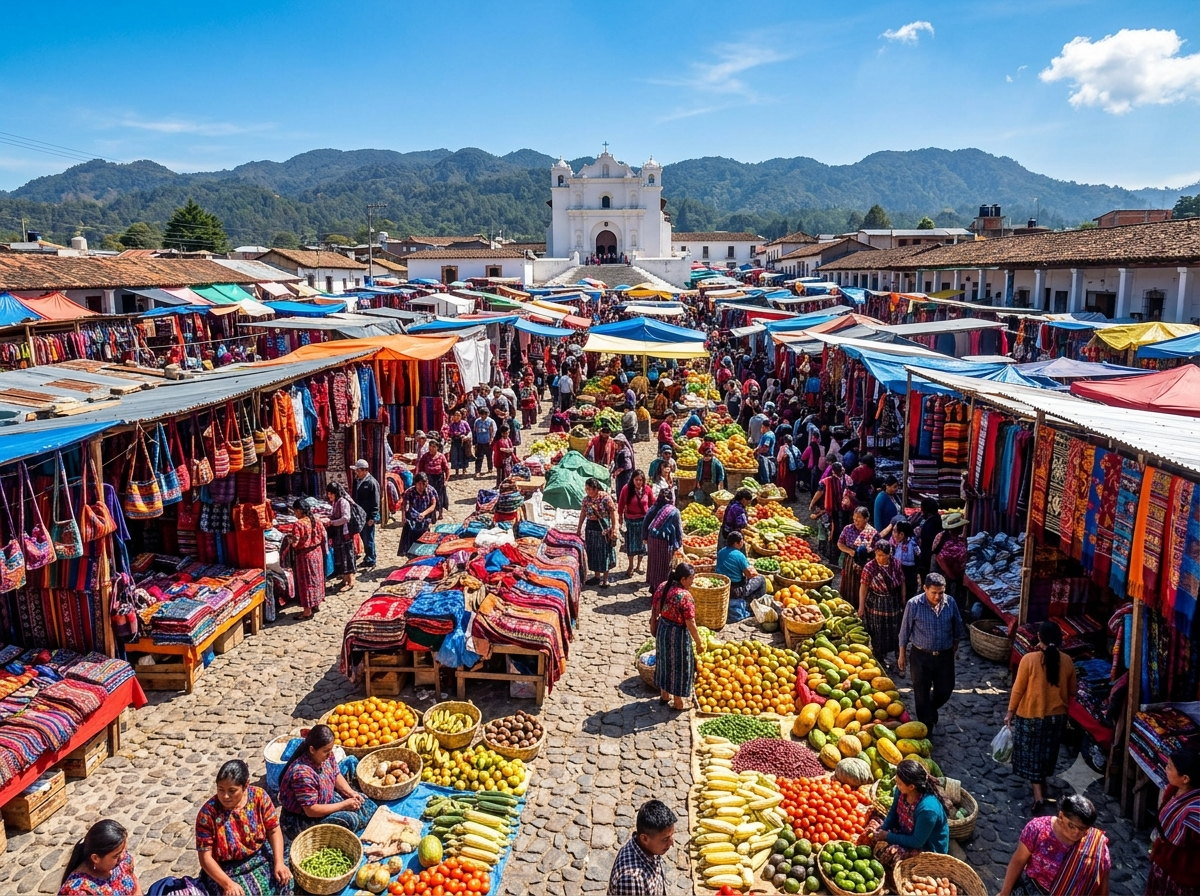 Marché coloré de Chichicastenango avec étals de textiles et légumes