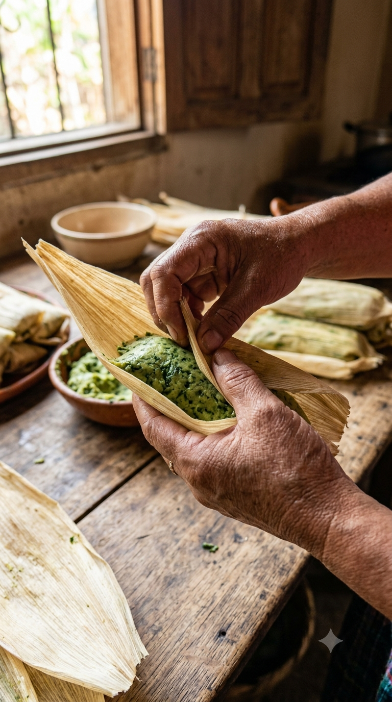 Mains enveloppant une pâte de maïs verte dans une feuille de maïs