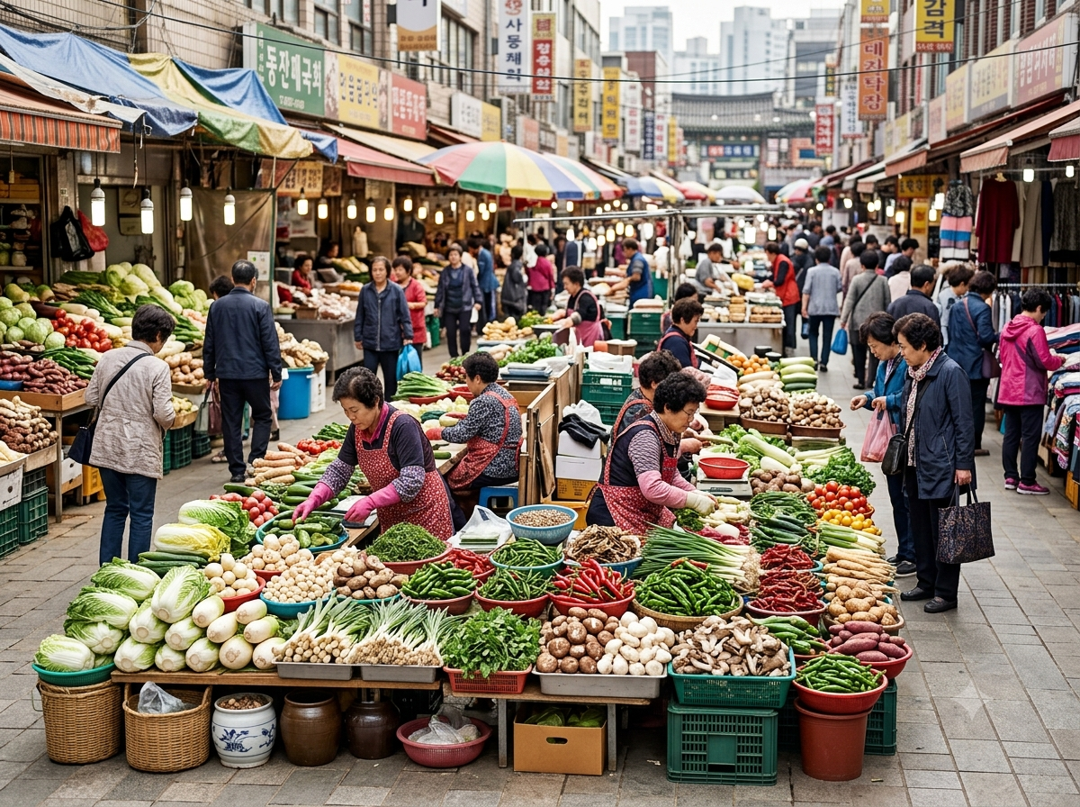 Marché traditionnel de Séoul avec étals de légumes colorés